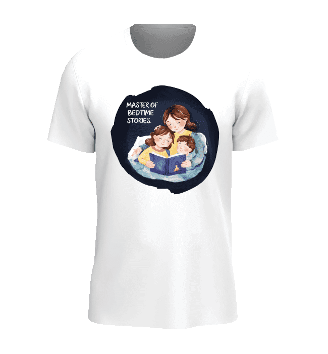 White t-shirt with a print of a mother reading a bedtime story to her children.